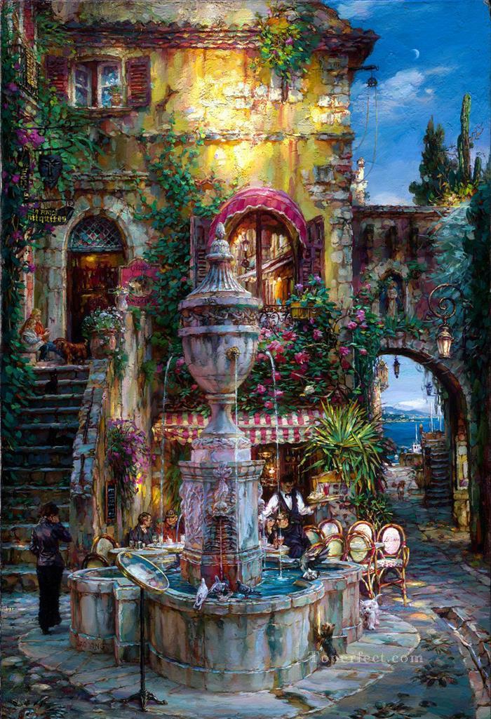 cafe by fountain seaside Oil Paintings